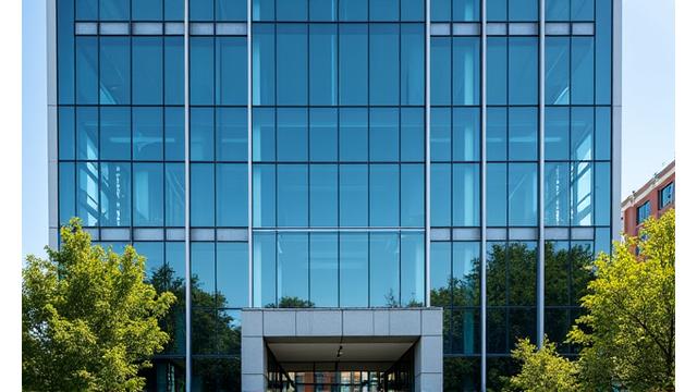 Edificio de oficinas moderno con ventanales grandes, reflejando el cielo de Santiago.