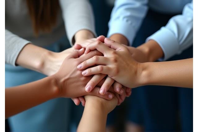 Personas con las manos unidas en señal de colaboración y confianza