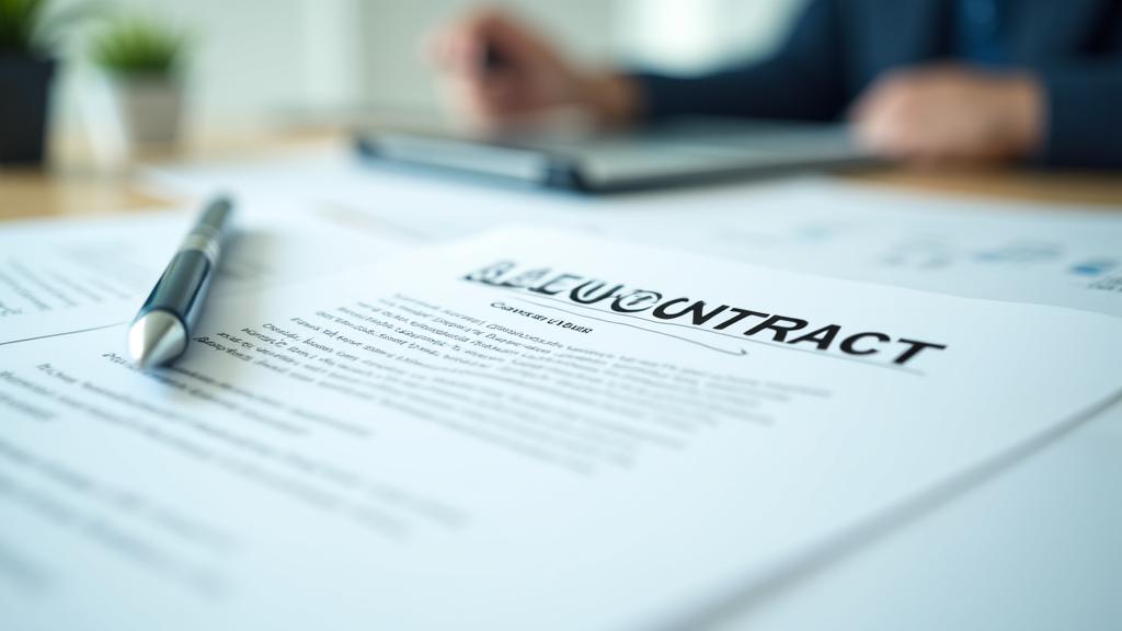 Un escritorio limpio con un contrato y un bolígrafo, simbolizando acuerdos de privacidad.