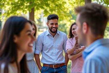 Equipo de trabajo colaborando y divirtiéndose en un taller de team building